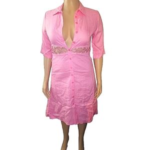 Elizeh, VintagePink, linen, peekaboo waist, high low shirt dress, size 8 runs b…
